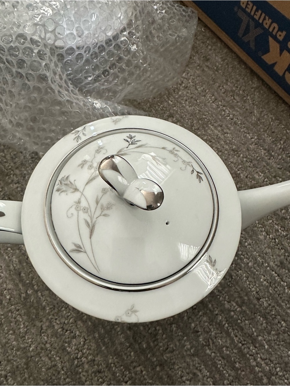 Noritake White Porcelain Teapot with Silver Floral Trim
